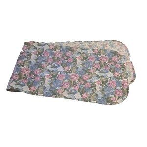 VTG Quilted Table Runner Floral Purple Blue Reversible Handmade Cottage 57x16